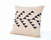 Beige linen pillow cover with geometric design in black Inspired by tribal patterns