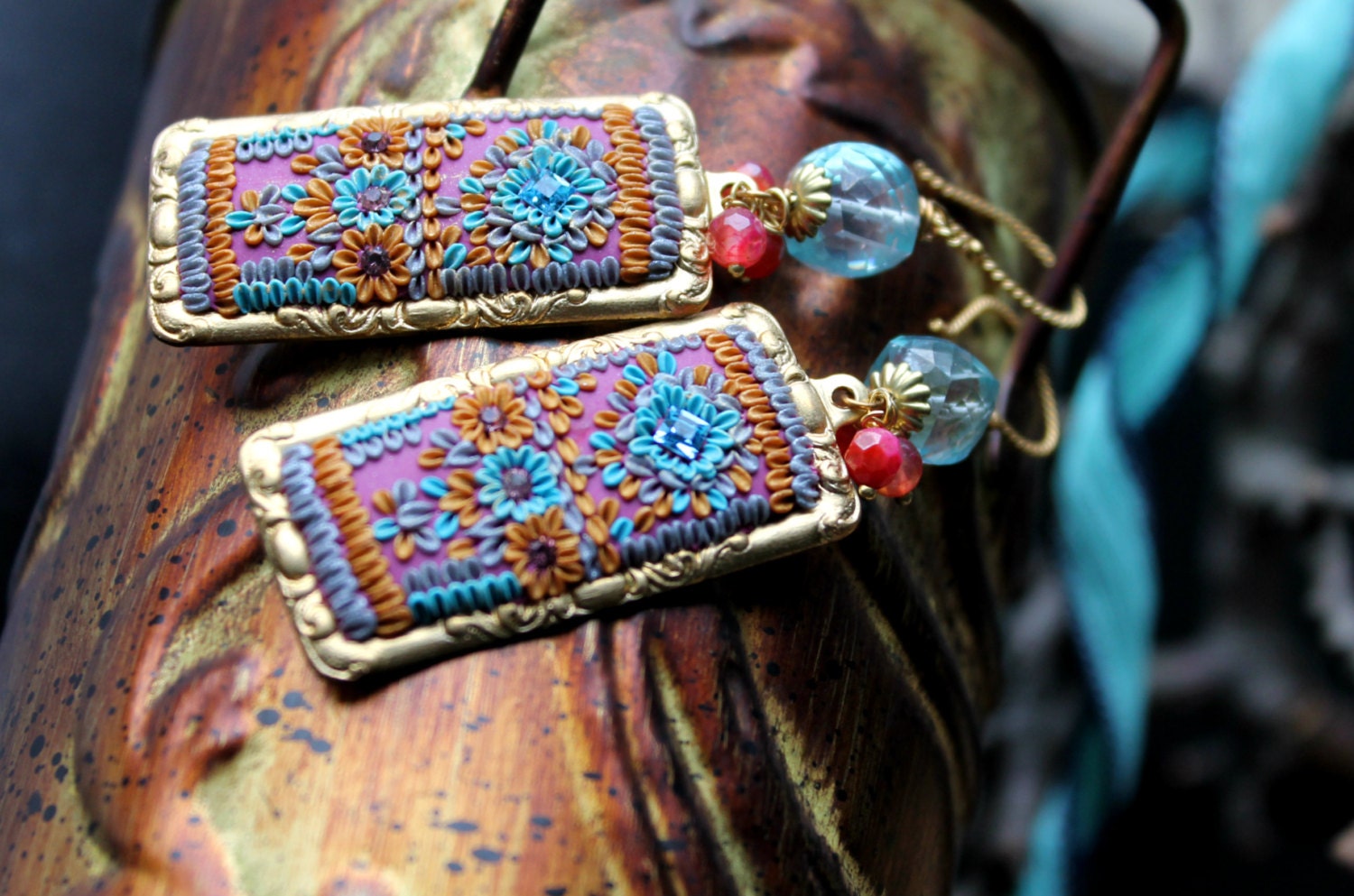 Stunning Blue Topaz Quartz and Bright Strawberry agate and clay floral gold earrings -mauve blue gold - When Hearts Sing