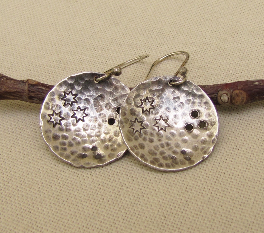 Twinkling Star Dangle Earrings. Hammered Stamped Sterling Celestial Galaxy Metalwork Jewelry