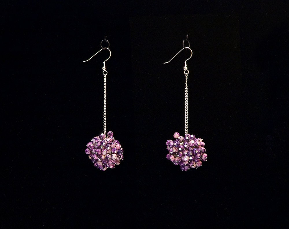 purple bead cluster on bright silver chain dangle earrings