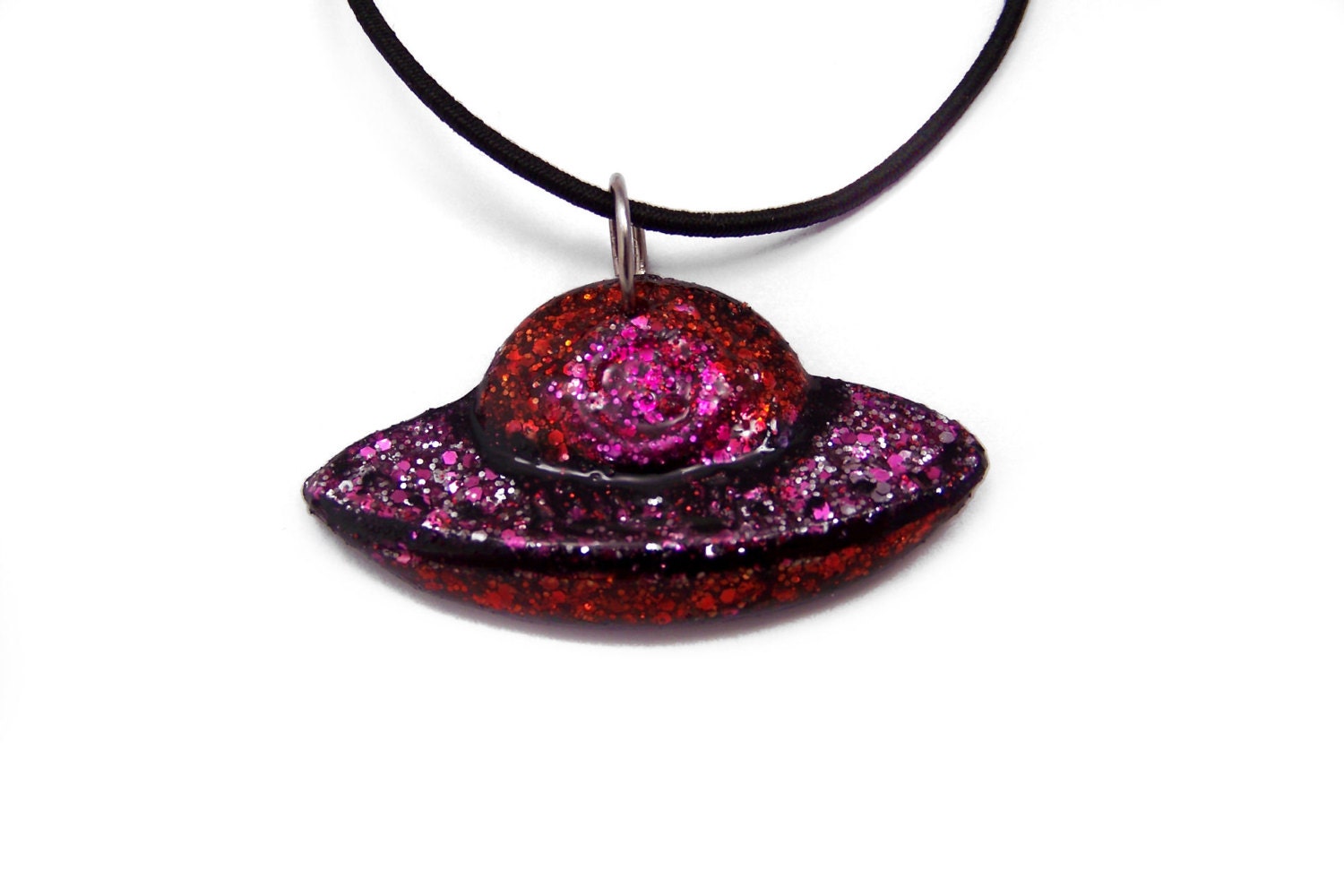 Pink Orange & Black Glitter Space Ship UFO Necklace, X-Files I want to believe