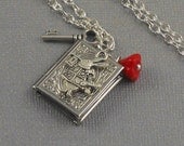 Silver Book Shaped, Bunny Locket Silver Key, Red Flower, Hare, Wonderland Locket Necklace-  WILD RABBIT