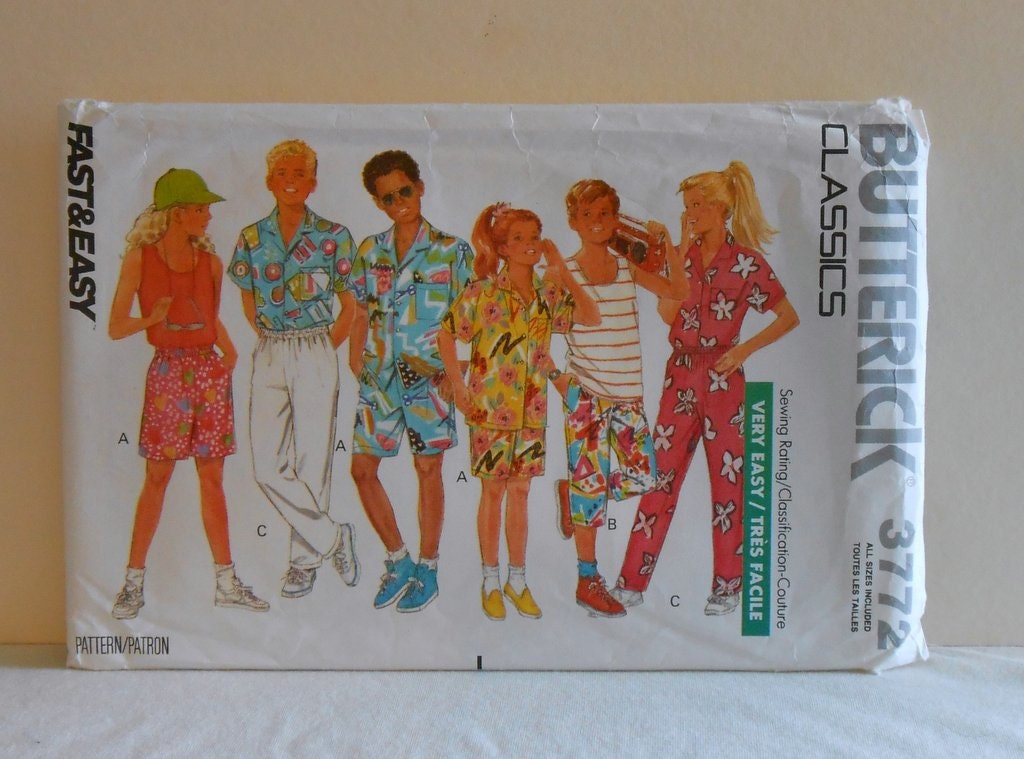 Girls/Boys Shirt, Tank Top, Shorts and Pants Size 7 to 14 UNCUT Vintage Butterick 3772 Sewing Pattern