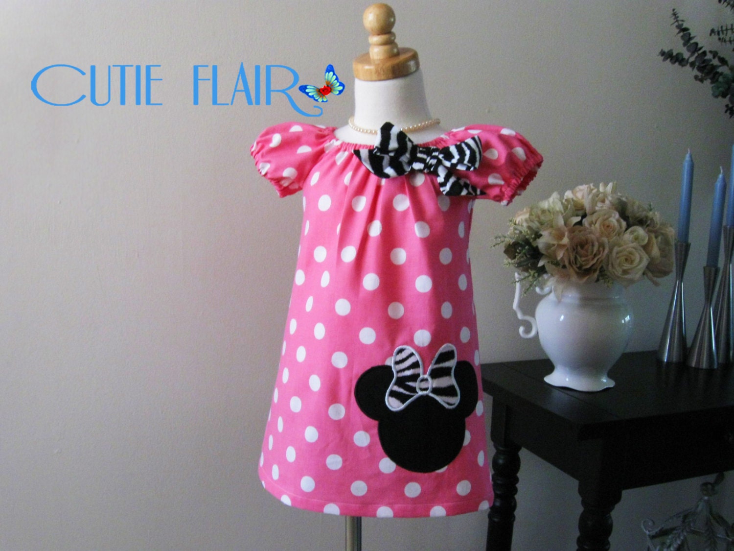 Minnie Peasant Dress, Bubble Gum Pink dots and Zebra, boutique style, tunic toddlers, sundress, custom sizes 12m, 18m, 2t, 3t, 4t
