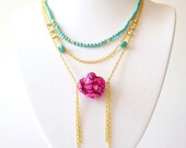 Mint Neon Pink Magnesite Brass Gold Chain Triple Layered Fringe Necklace