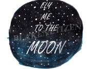 Fly Me to the Moon Space Art Print on 8.5 x 11 Card Stock Embellished w Glitter