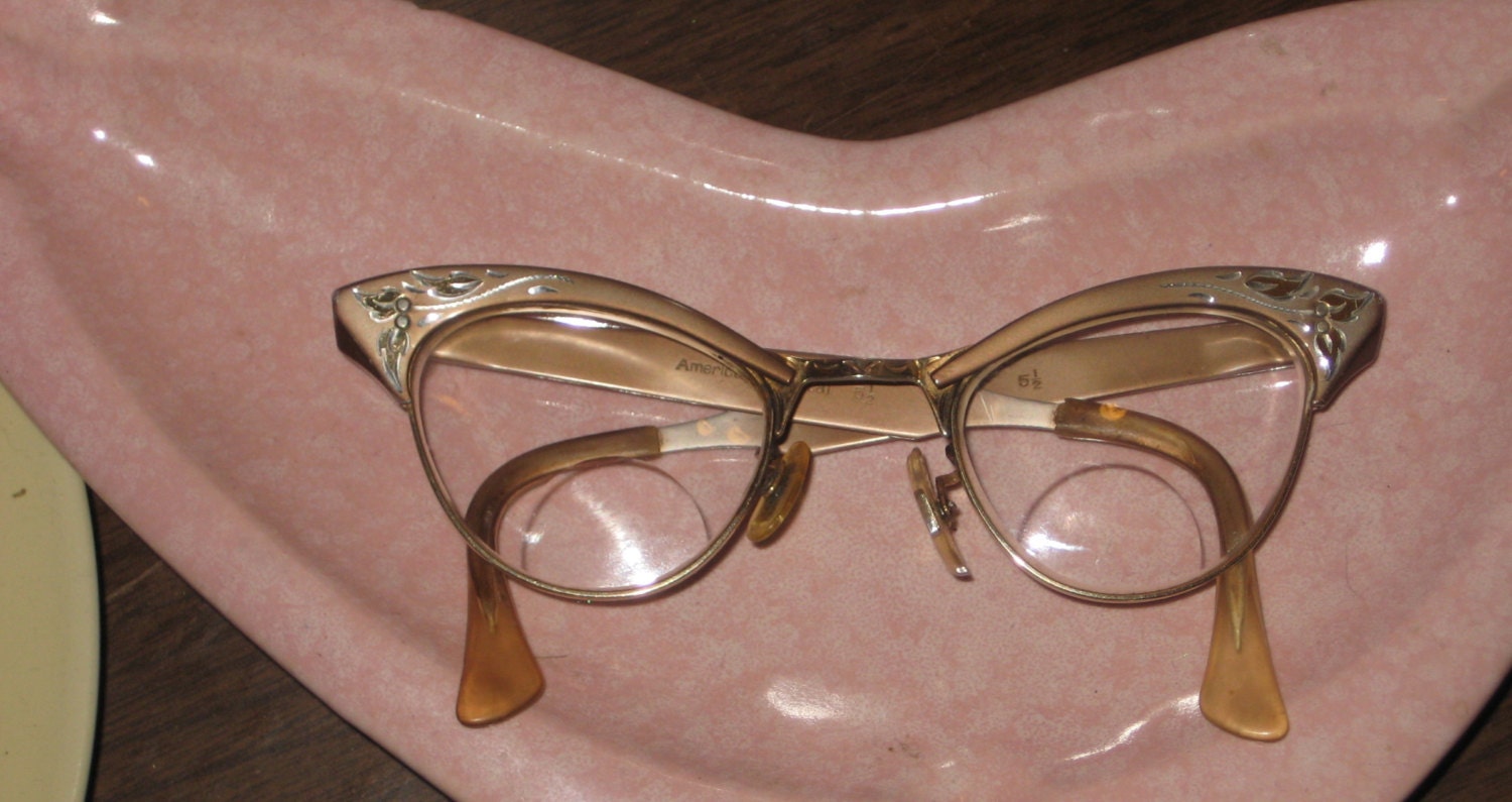 vintage 50s American Optical cat eye frames aluminum etched leaves free shipping US
