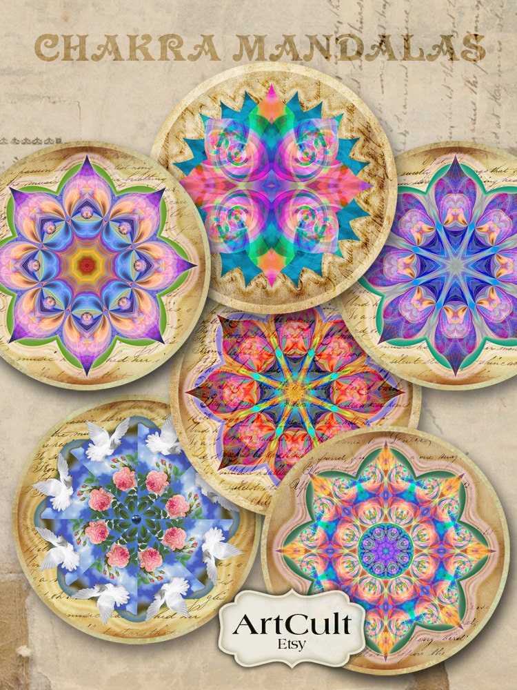 CHAKRA MANDALAS - 2.5 inch Digital Collage Sheet for Pocket Mirrors Magnets Paper Weights Printable Spiritual images