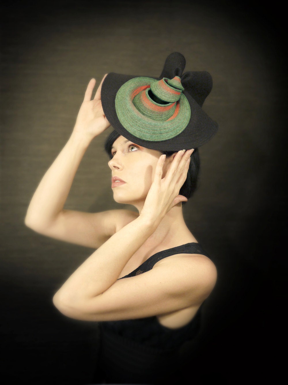 Green and Black Felt Hat with Red Ombre Stitching