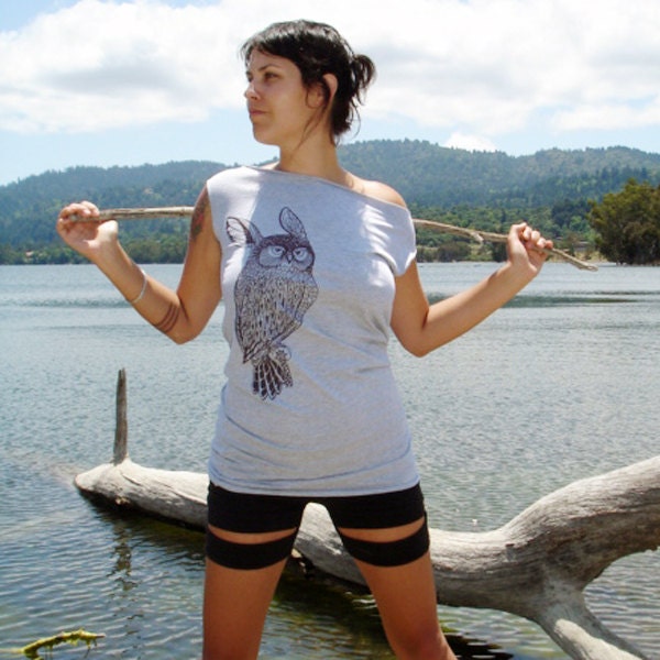Rowl Rabbit Owl tshirt dress - eco friendly brown ink screenprint on heather grey cotton  - womens sizes S, M, L