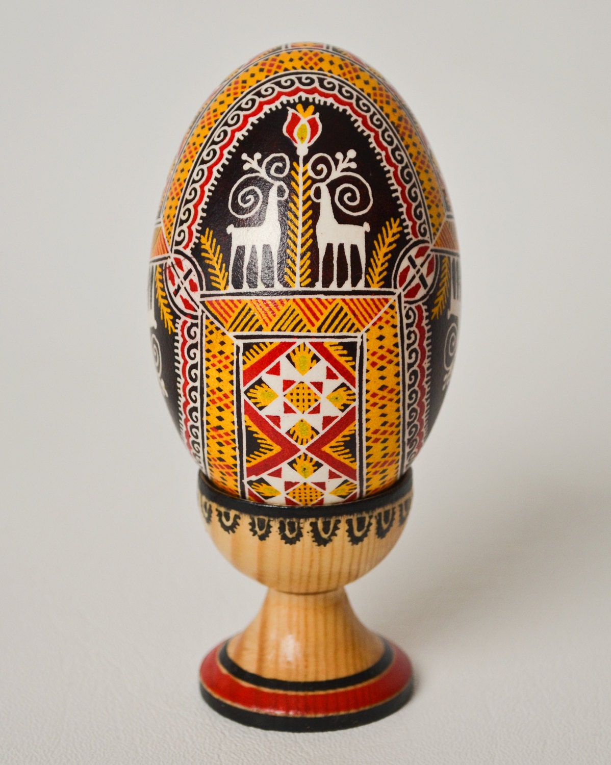 Hutsul Easter Egg Pysanka, Carpathian Embroidery with Tim Burton Style Animal Symbols  - Real Traditional Ukrainian Goose Egg