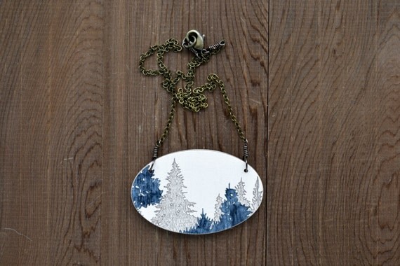 Canopy Necklace in Lunar Blue and Graphite - Hand Painted Wooden Pendant