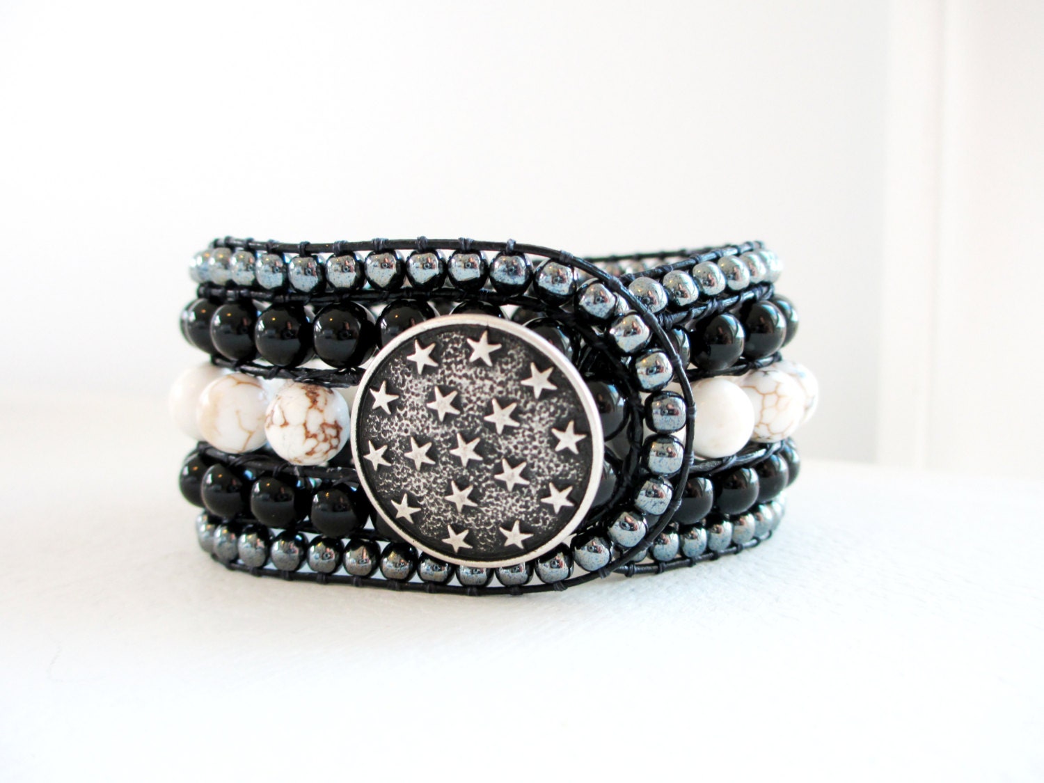 Starry Night Gemstone Beaded Leather Cuff Bracelet - Black Beauty- Made to Order