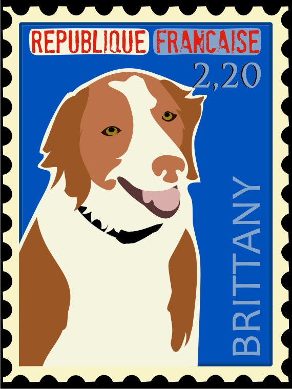 Brittany Poster Postage Stamp Series Dog Art 11 x 14