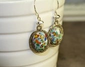 Spotted Dangle Earrings - Vintage Glass Cabachons -  Multi Colored Spots, in Silver Oval Settings with Sterling Silver Rondelle Bead