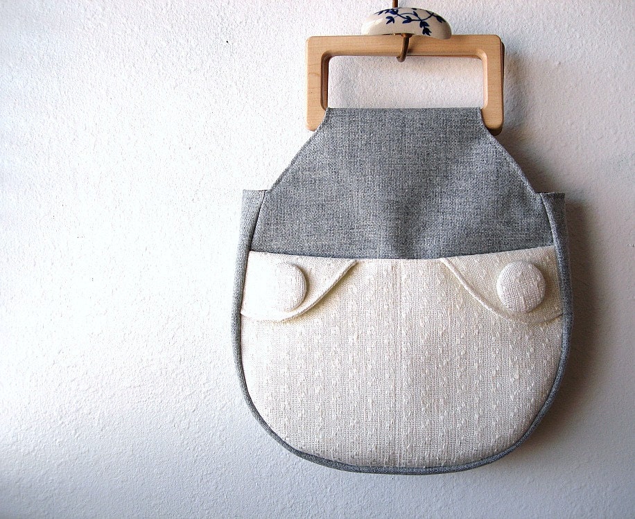 Ivory and Light Grey Wooden Handle Handbag