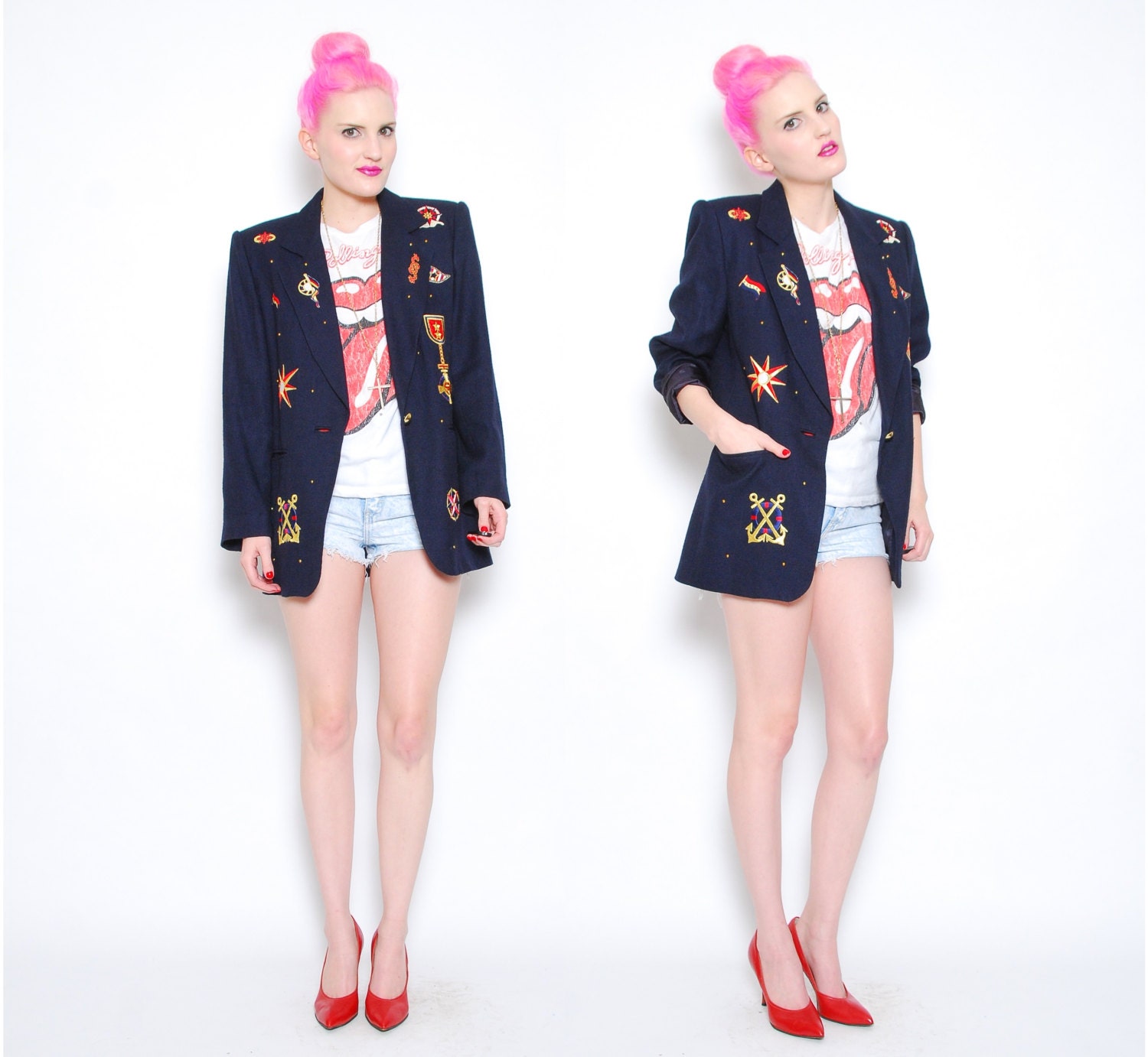 80s Navy Nautical Novelty Boyfriend Blazer - 1980s Embroidered Anchor Military Blazer Jacket Coat - S 2 4 6