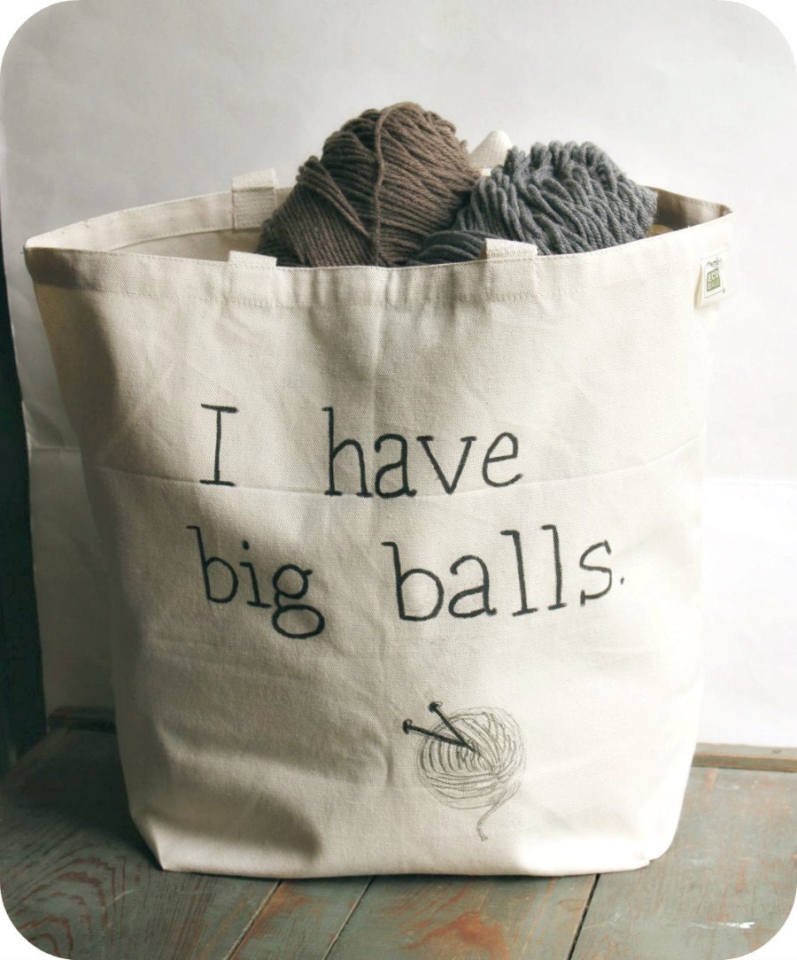Tote Bag Yarn Bag Black White Hand Painted Recycled Cotton funny humor shoulder bag knitting crochet project bag
