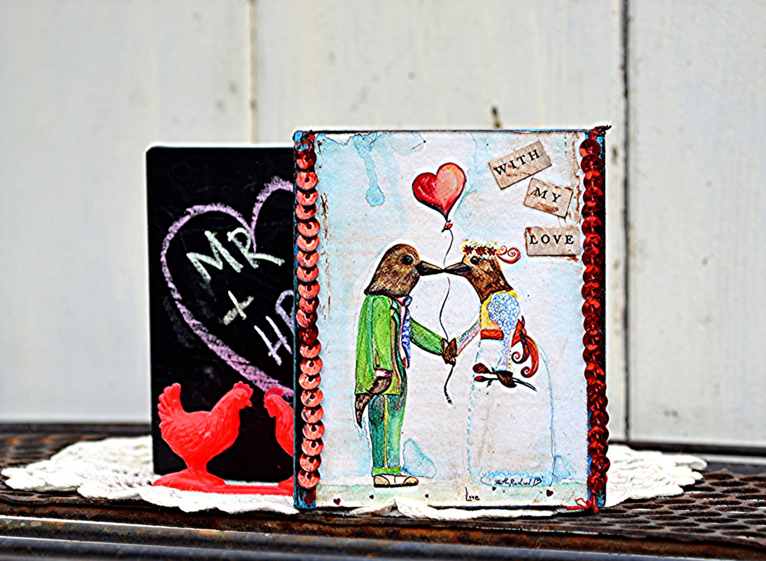 Miniature Chalkboard Love Birds Art Print Recycled Folk Art Perfect for Love Notes and Sweet Messages