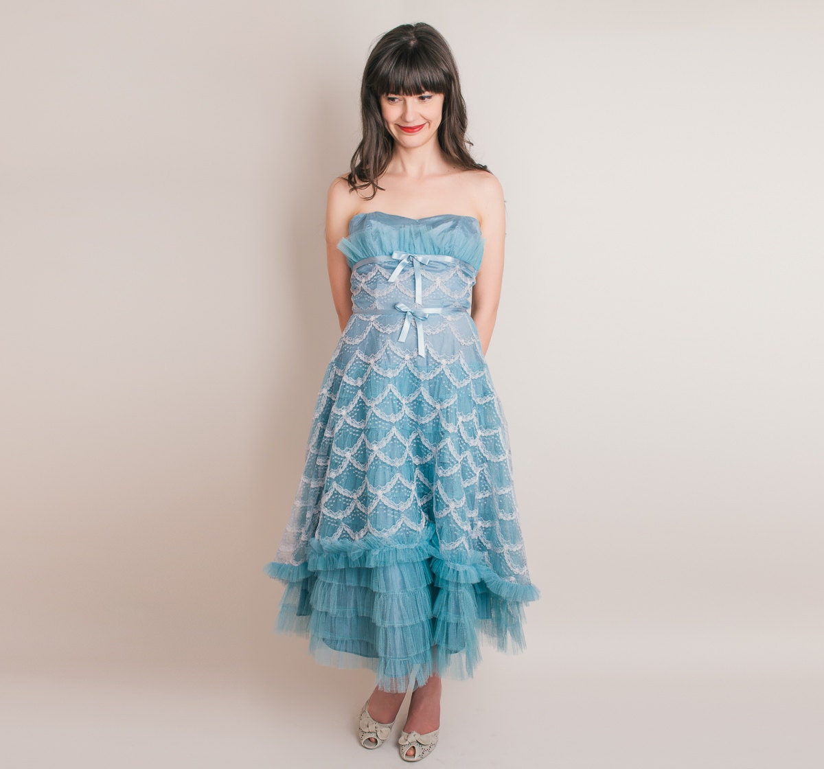 1950s Blue Prom Dress - 50s Lace Ruffle Dress - Mermaid Dream - S