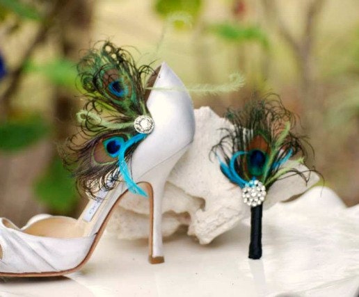 Fancy Shoe Clips ONLY. Peacock Feathers Duo Rhinestone. Night Out Statement Red Carpet, Summer Bride Bridesmaid, Edgy Couture Elegant Bronze
