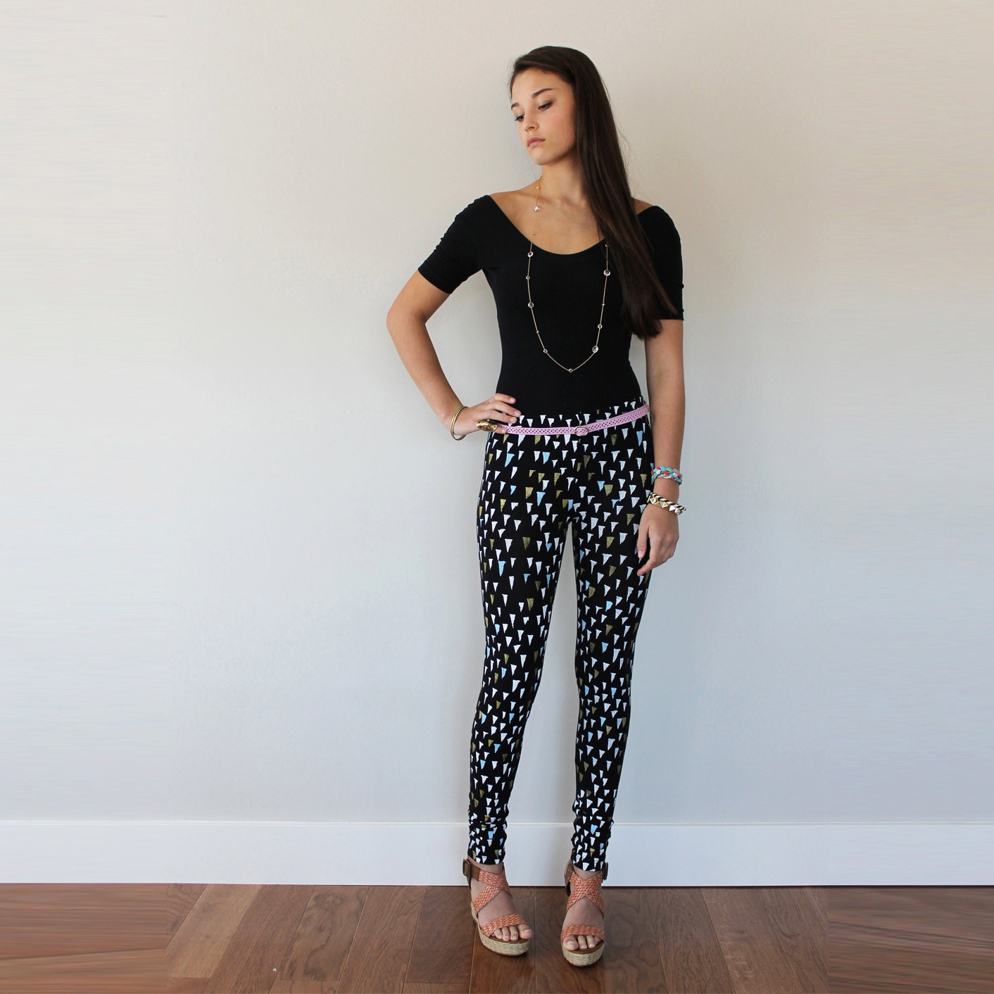 Hand Printed Organic 'Stalactite' Leggings in White, Gold, and Slate on Black