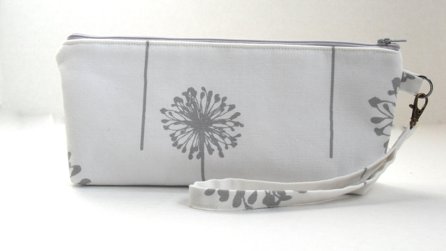 Gray and white wristlet clutch, bridesmaids gift idea, gray dandelion, gray pewter wedding, unique wedding party gift