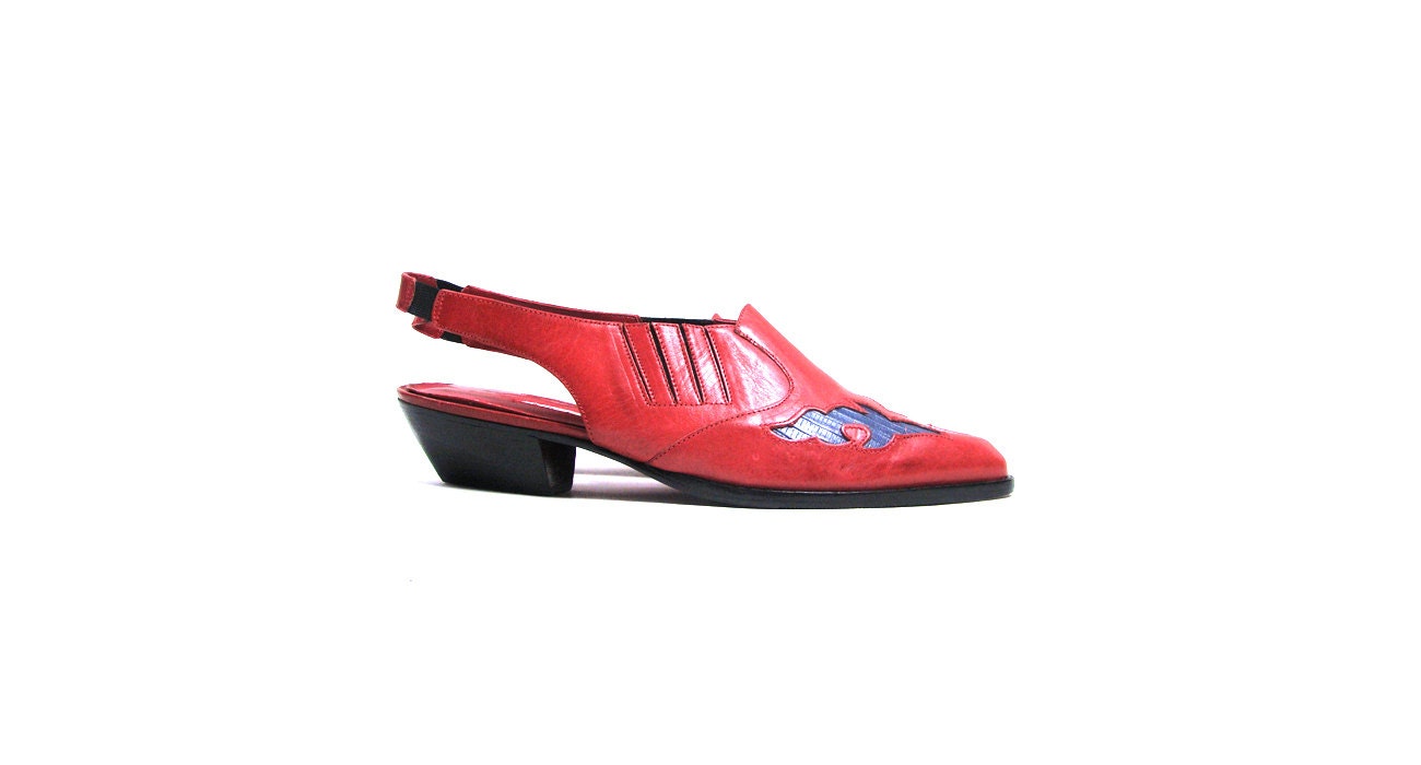 Vintage Red Leather Southwestern Slingback Mules Size 9