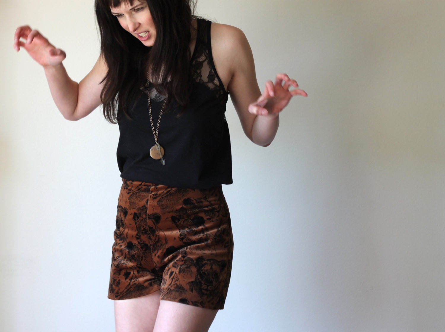 High waisted shorts - wild black and brown lion print, vintage inspired style hipster retro - medium