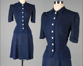 Vintage 1940s Dress . White Floral Buttons . 2-pc Set . 3089