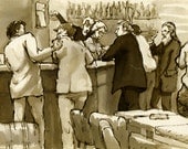 Original Pen and Ink Drawing, Au Cafe, Reed Pen and Sepia Ink on Sketch Paper