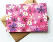 Set of 4 - Colorful Flowers - Floral Thank You Note Cards - Green or Pink Flowers