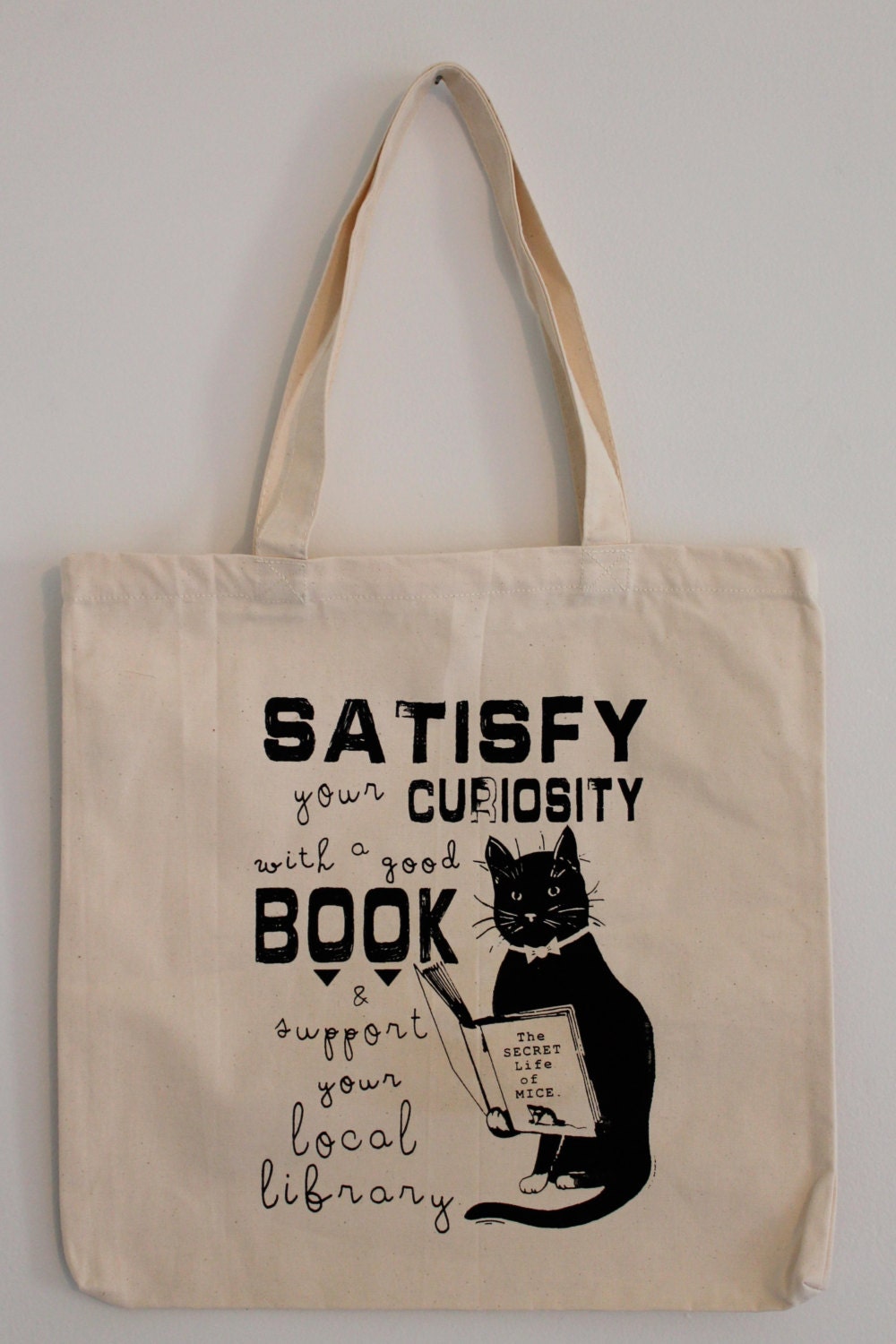Library Cat Tote Bag Hand Screen Printed Cotton Canvas