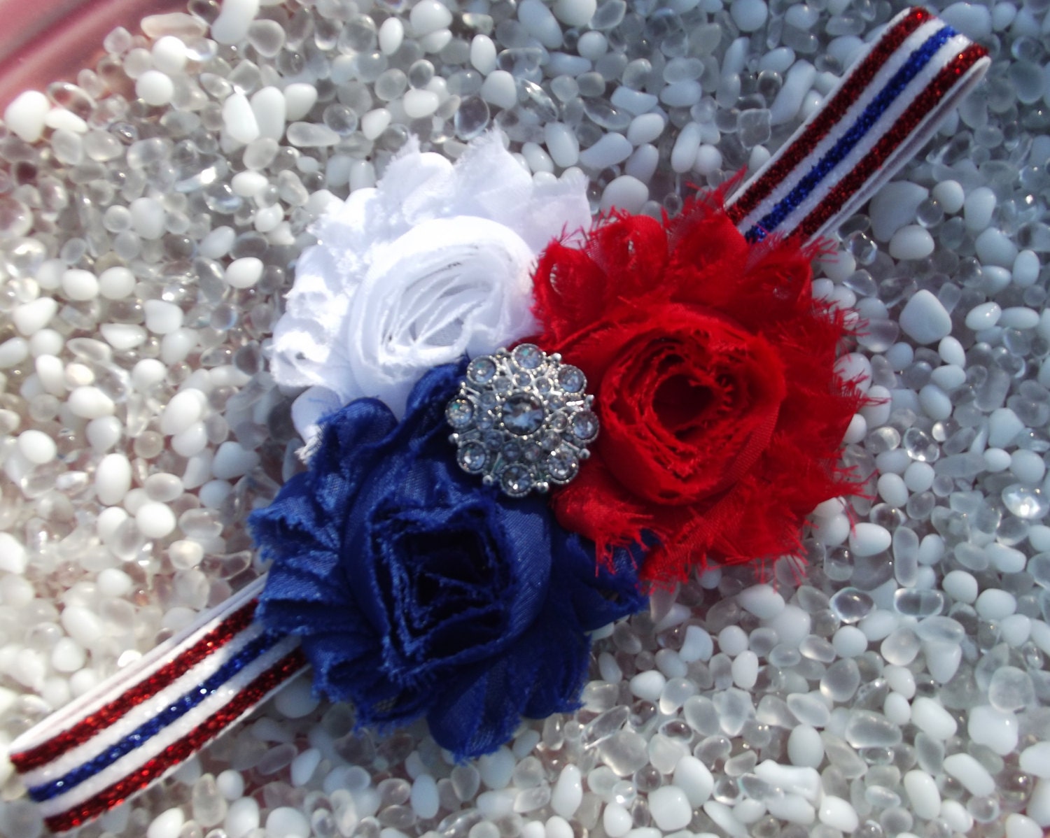 4th of July Baby Headband - Red White and Blue Vintage Style Shabby Chic Triple Flower Headband Newborn Infant Toddler Girl Photo Prop