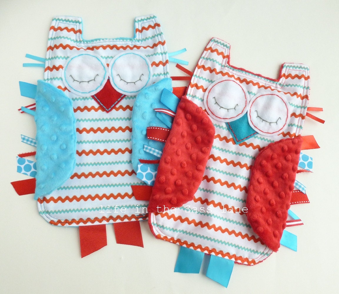 Twins Baby Gift Owl Ribbon Tag Blankies in Contrasting Turquoise and Red Ric Rac Print Fabric and Minky Ribbon Tag Blanket Lovey Lovie