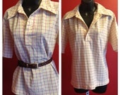 VINTAGE blouse, PINK and YELLOW geometric deisgn, Womens Large