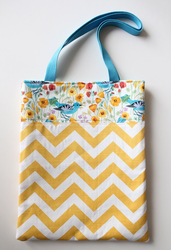 mustard chevron & birds market tote bag