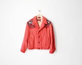 Vintage 80s Southwestern Chimayo Wool Blanket Jacket in Coral Red- 42