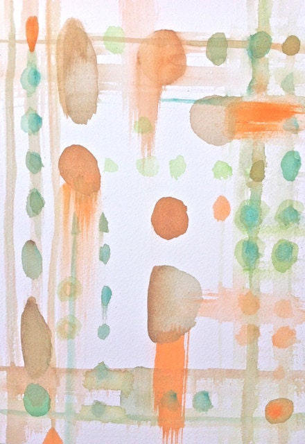 Color Study 13-Abstract Watercolor on Archival Paper-Modern- Organic-Tangerine-Burnt Orange-Greens- Earthy Light BrownWhite Background
