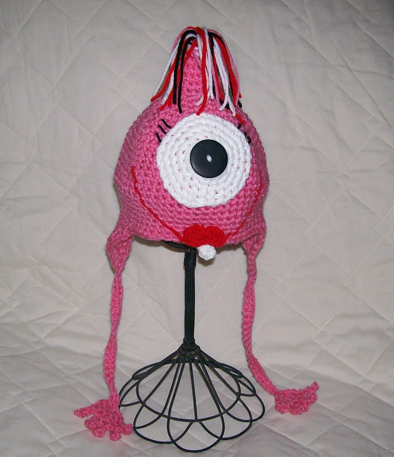 Pink Footie Monster Earflap Hat SOO CUTE- Customized-Preemie-4T/Photography Prop/cbbcreations