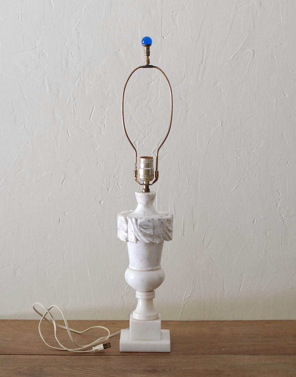 Large Vintage Carved Marble Lamp - Alabaster Lamp - Heavy White Lamp Base with Blue Glass Finial