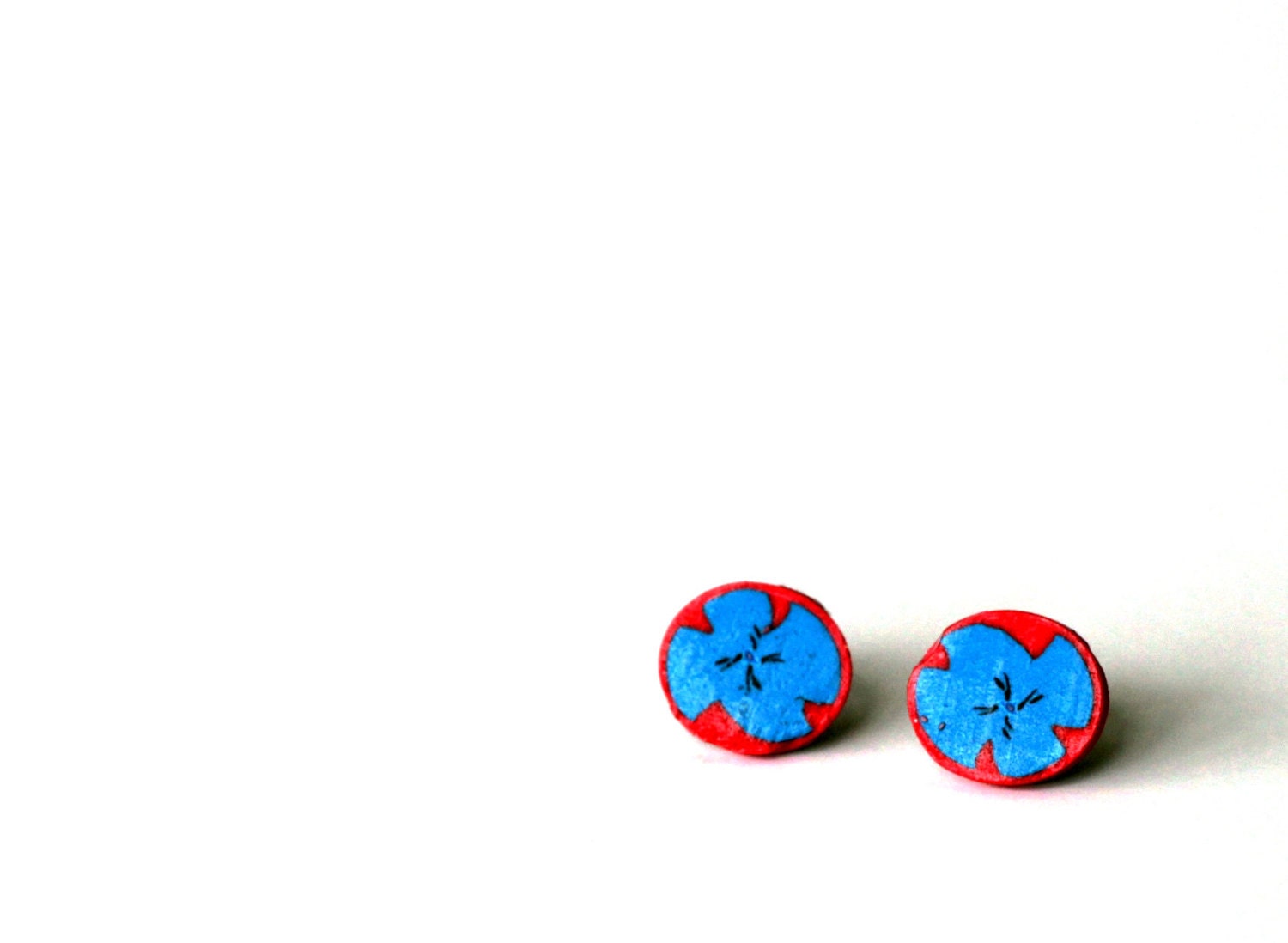 Turquoise red flower post earrings- stud earrings polymer clay- under 25