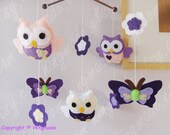 Baby Mobile - Nursery Mobile - Owl Mobile - Custom Mobile - Pruple pink and white Owl family play w/ butterflies(U can pick your colors)