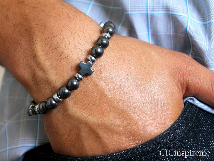 Mens Hematite Cross Christian Spiritual Bracelet