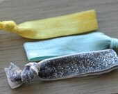 Hair Ties : Set of Three Elastic Ribbon Hair Ties, Ponytail, Bun, Top Knot, Bracelet, Teal, Yellow, Glitter, Yoga Ties, Under 5