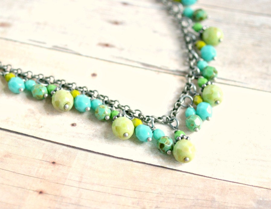 caterpillar girl rustic gunmetal blue green beaded necklace
