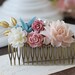 Large Floral Hair Comb. Gold Leaf Dusky Blue Ivory Pink Flowers Wedding Collage Hair Comb. Antique Bronze Filigree Comb. Wedding Bridal Comb