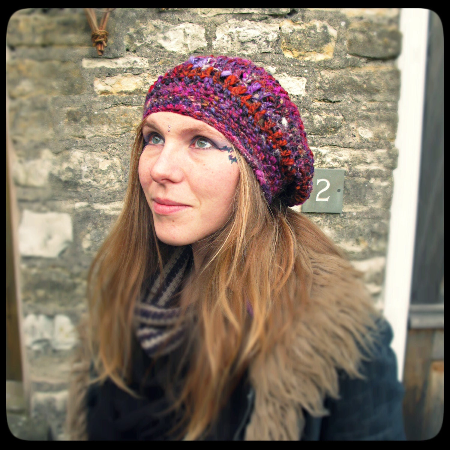 ARtWeAR Crochet slouch beret hat, Handspun Art Yarn - 'Magic Eyes' - freestyle creation one of a kind unique Handmade fiber art slouch OOAK