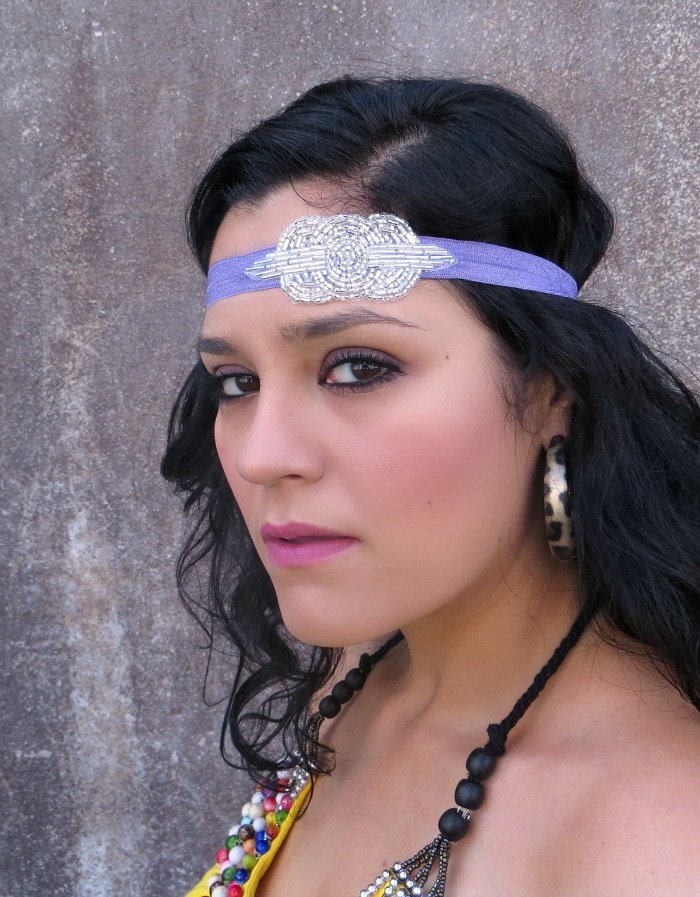 Adult Beaded Headband, Silver Art Deco Design on Purple Stretchy Headband for Women Teens by Flower Couture
