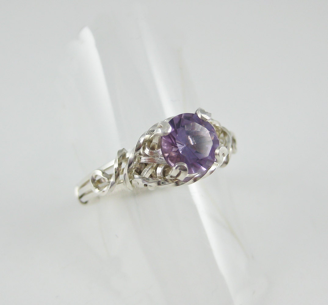 Amethyst solitaire wire wrapped ring in silver